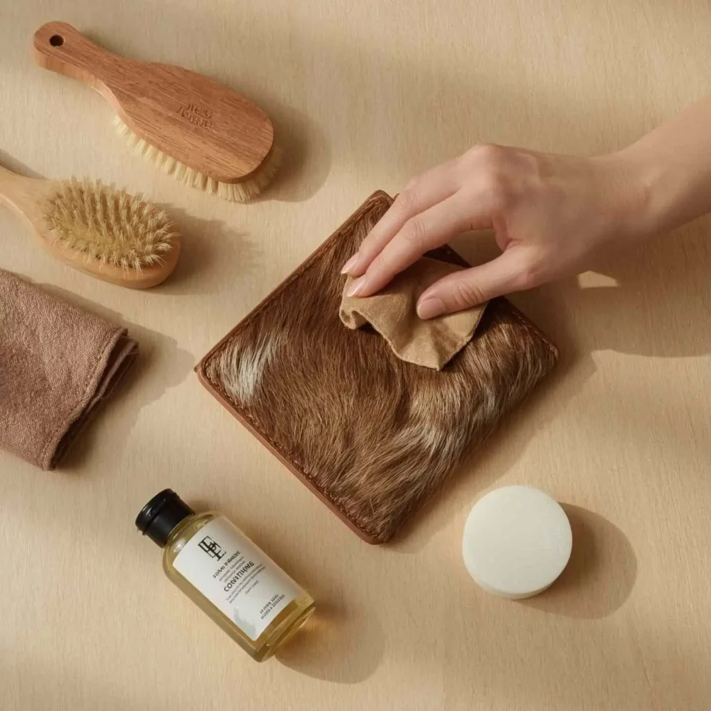 Hair-on-hide cowhide wallet with natural grain texture placed on wooden table