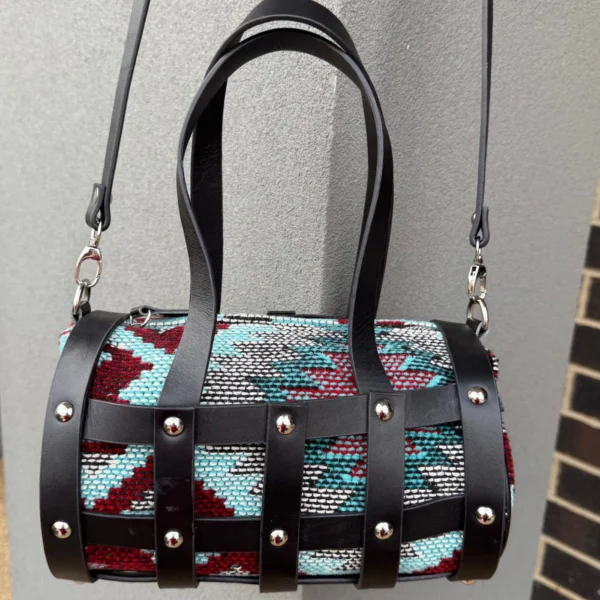 Western fabric capsule handbag with Aztec pattern and leather strap