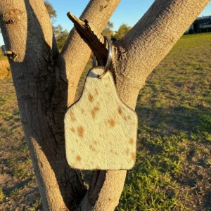 Cattle Tag Cowhide Keyring White & Dotted Brown