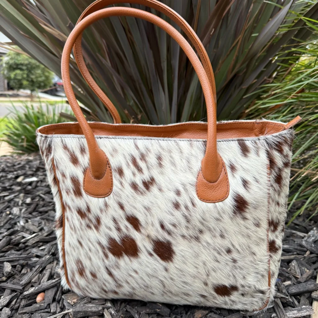 Genuine cowhide leather tote handbag with shoulder straps