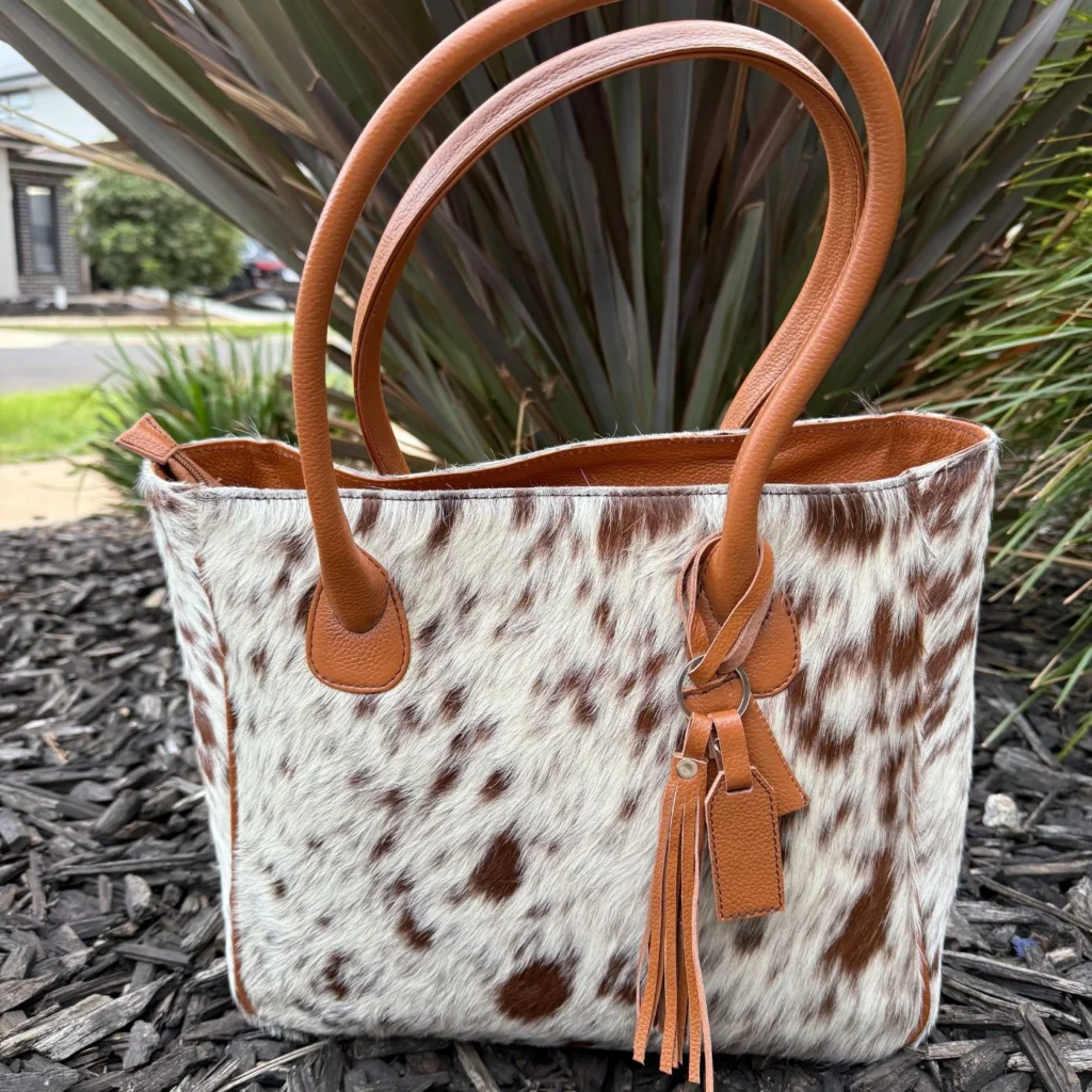 Genuine cowhide leather tote handbag with shoulder straps