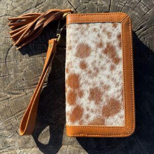 Cowhide flip hand wallet for women with natural hair-on-hide pattern