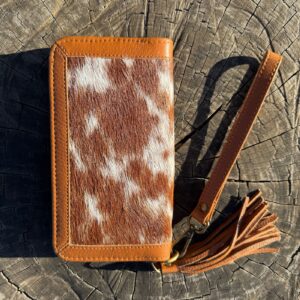 Cowhide flip hand wallet for women with natural hair-on-hide pattern