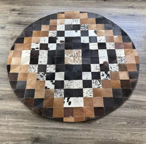 Cowhide Area Rug Patchwork Design Round Fade Resistant