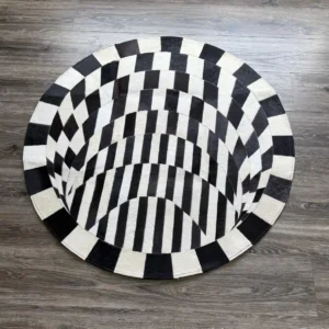 Cowhide Area Rug Square Patchwork Design Round Handmade