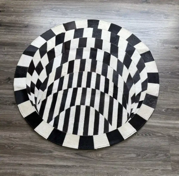 Cowhide Area Rug Square Patchwork Design Round Handmade