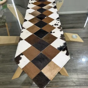 Patchwork Cowhide Table Runner – Handmade Dining Table Decor Western Design