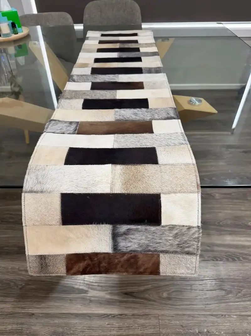 Patchwork Cowhide Table Runner – Handmade Dining Table Decor Western Design - Image 2