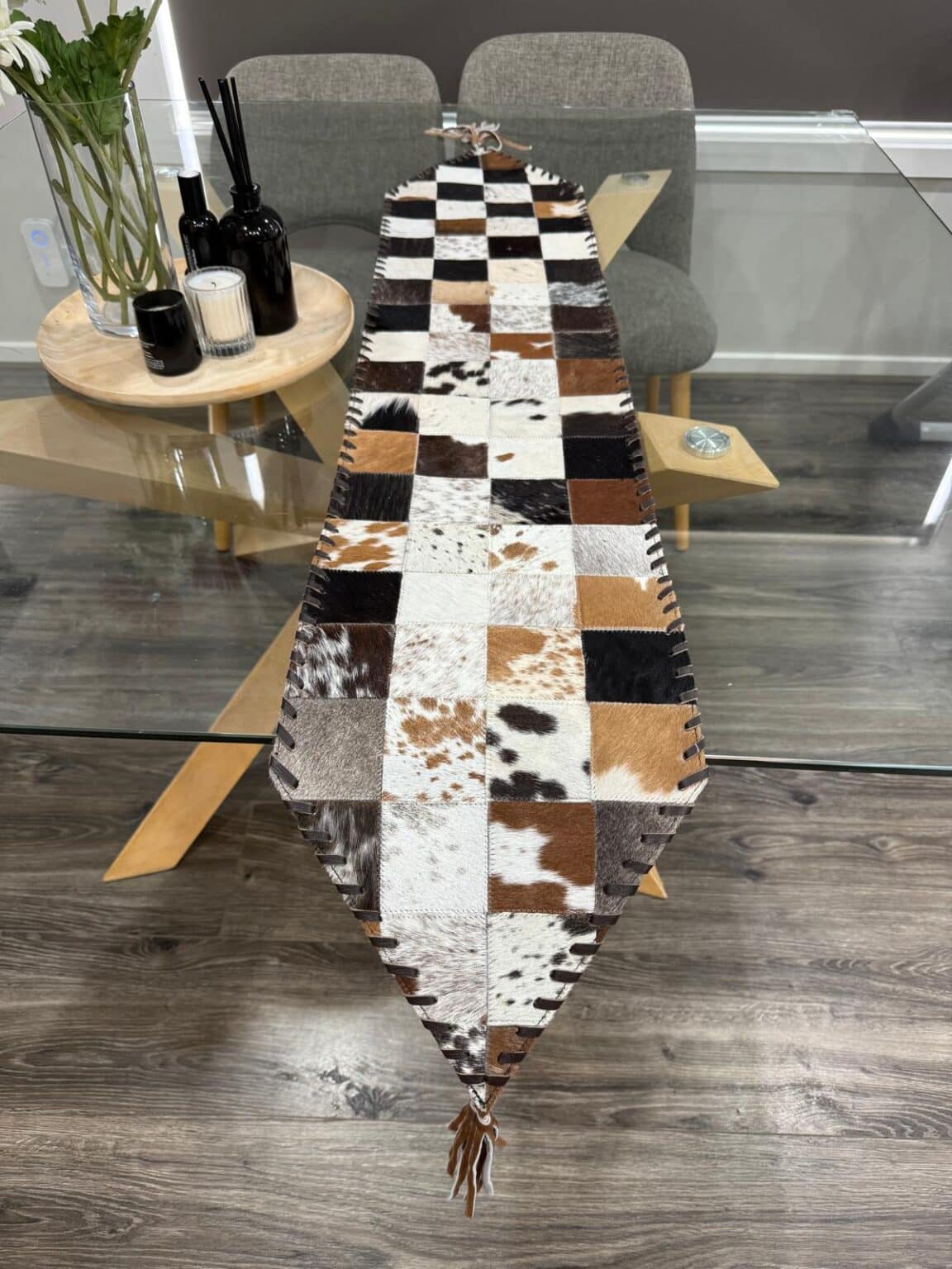 Patchwork Cowhide Table Runner – Handmade Dining Table Decor Western Design - Image 5