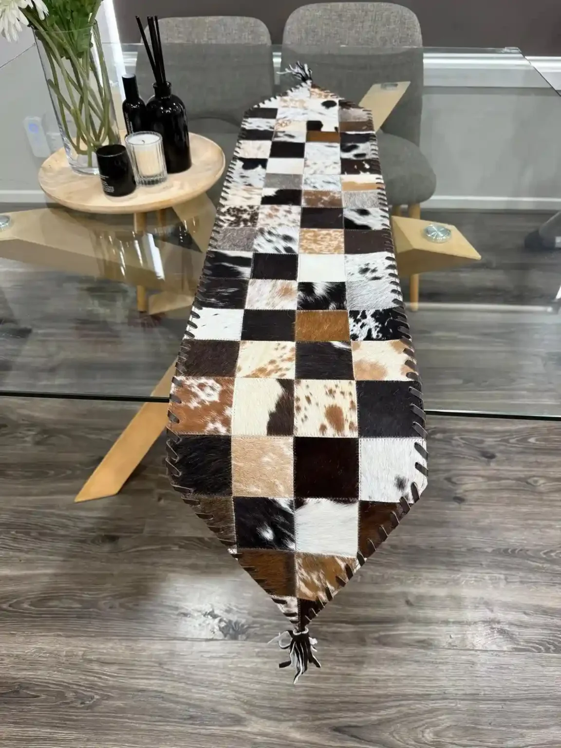 Patchwork Cowhide Table Runner – Handmade Dining Table Decor Western Design - Image 4
