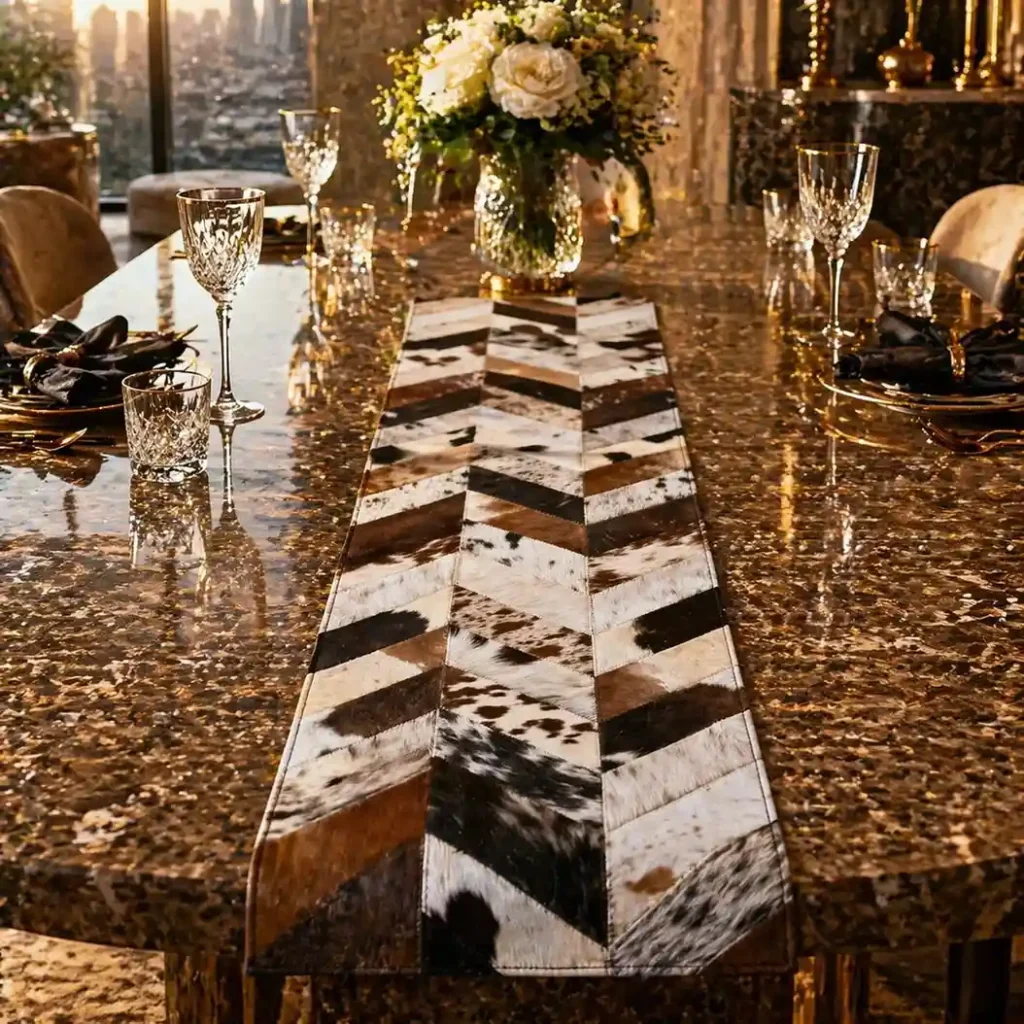 Handcrafted Cowhide Table Runner with Natural Patchwork Design