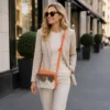 Leather cowhide crossbody bag box style purse for women in black brown and orange with adjustable strap large compartment and inside pocket