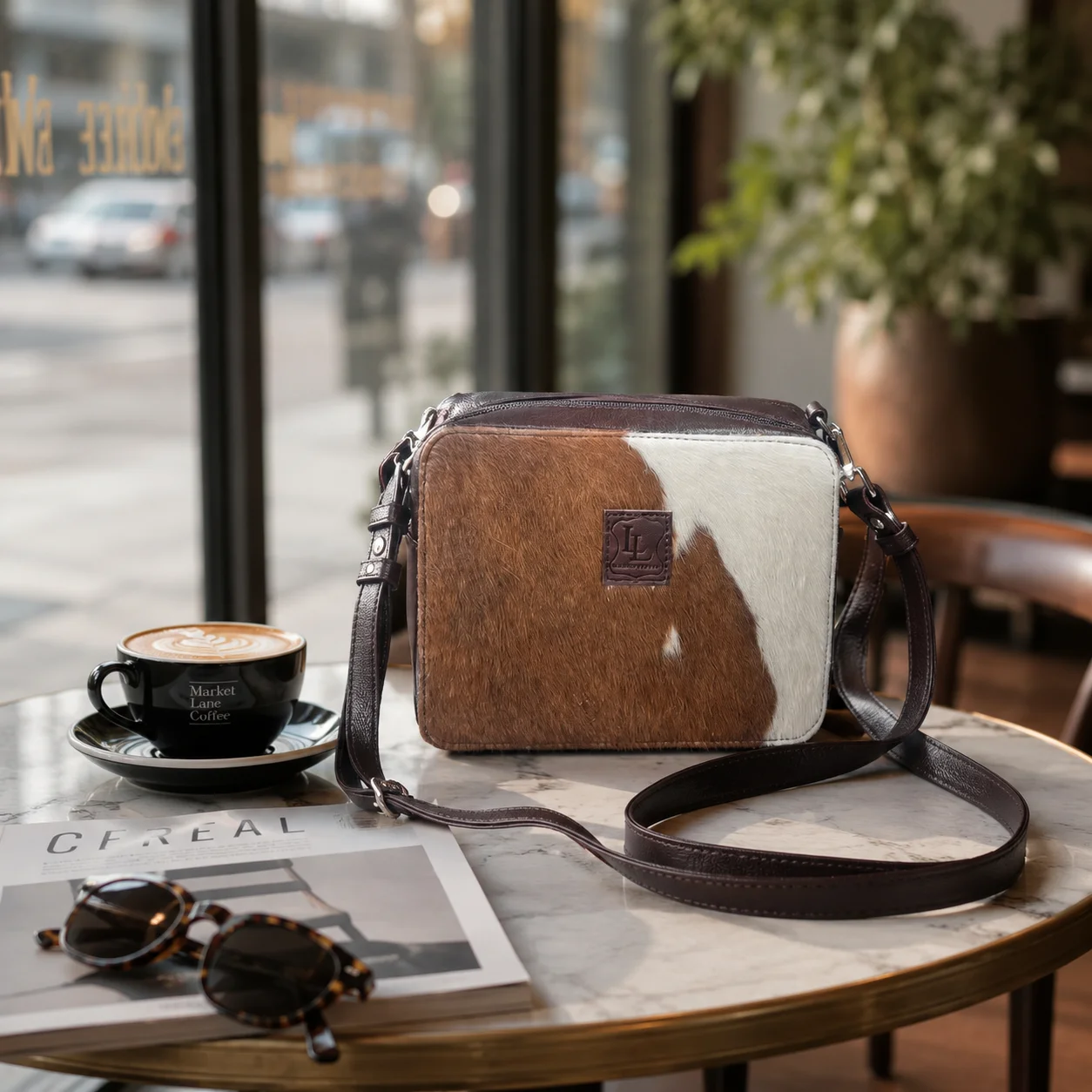 Large cowhide crossbody bag in black brown and orange with box style shape, leather finish, long strap, main compartment and inside pocket