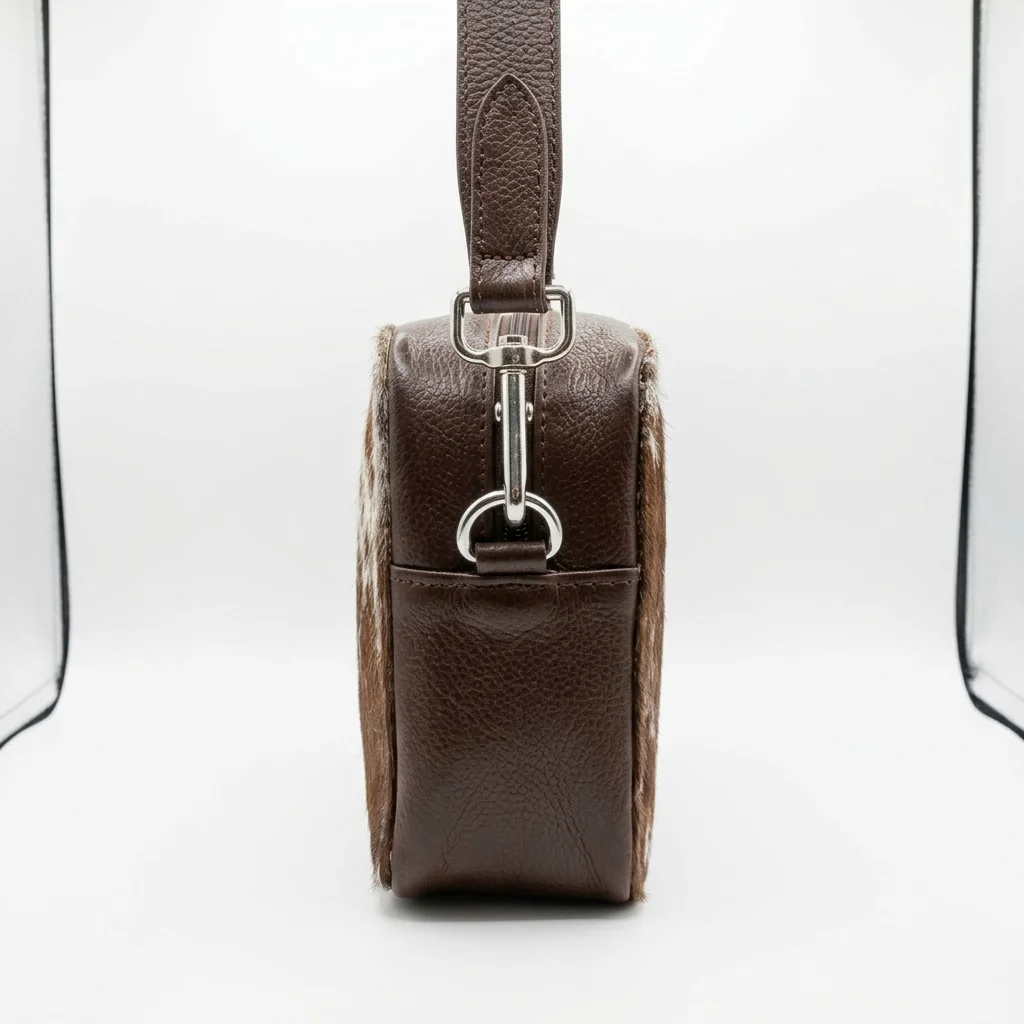 Large cowhide crossbody bag in black brown and orange with box style shape, leather finish, long strap, main compartment and inside pocket
