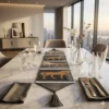 Handmade cowhide table runner with horse design in black and brown, perfect for small to large dining tables, protective synthetic leather backing
