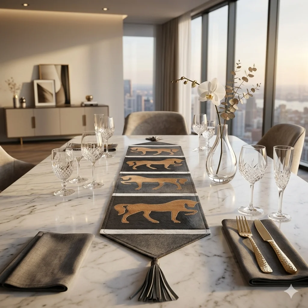 Handmade cowhide table runner with horse design in black and brown, perfect for small to large dining tables, protective synthetic leather backing
