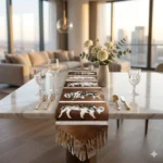 Handmade brown cowhide table runner with buffalo design, black and white accents, protective synthetic leather backing, ideal for small to large dining tables