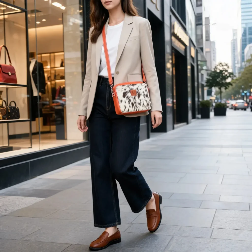 Women cowhide crossbody bag box style purse in black brown and orange leather finish with adjustable strap, large compartment and inside pocket