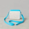 Leather cowhide box style crossbody bag with turquoise strap, brown and white cowhide texture, structured purse design and adjustable shoulder strap