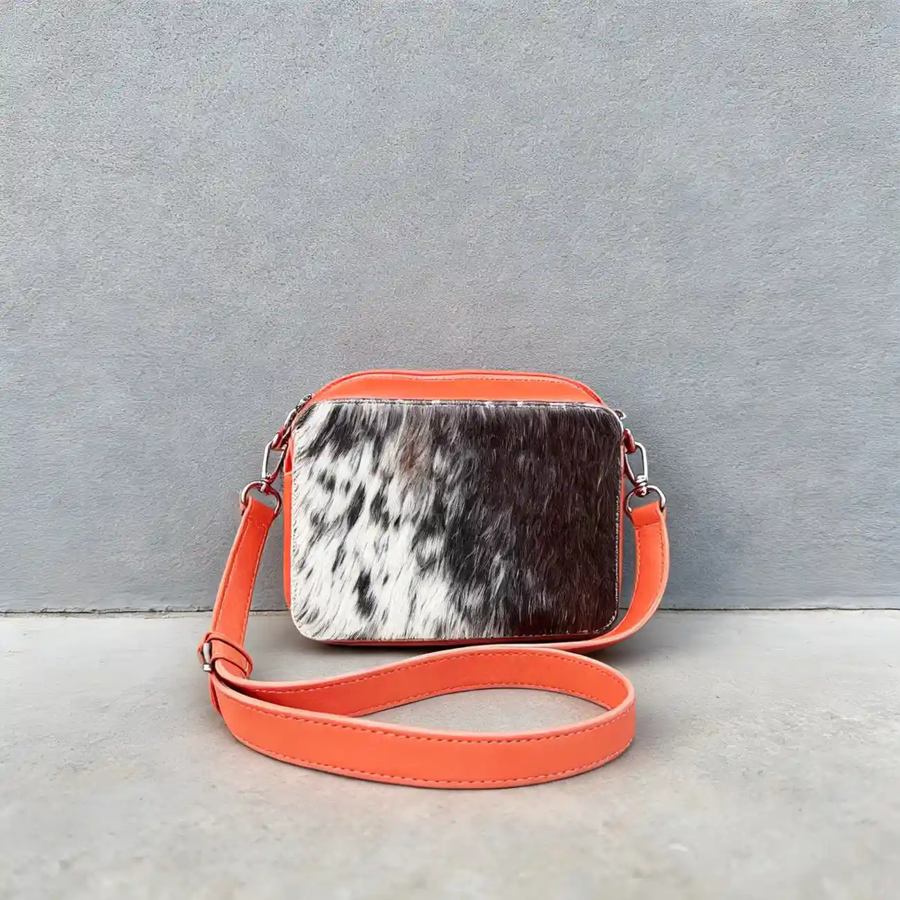 Leather cowhide crossbody bag box style purse for women in black brown and orange with adjustable strap large compartment and inside pocket