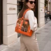 Large orange cowhide tote bag for women made from genuine leather