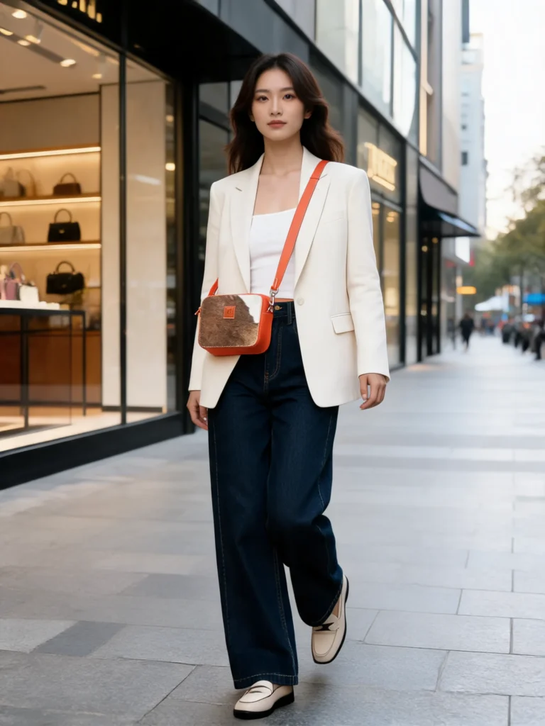 Orange cowhide crossbody bag with box style shape, cow finish leather, long strap, large compartment and inside pocket