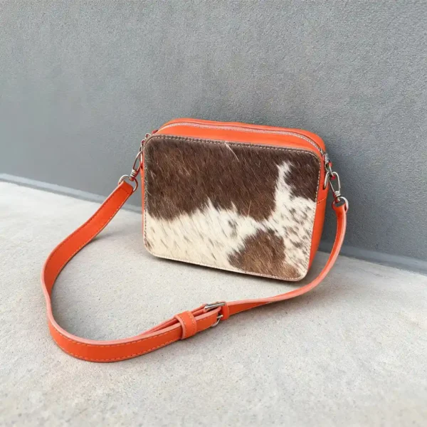 Leather cowhide crossbody bag box style purse for women in black brown and orange with adjustable strap large compartment and inside pocket