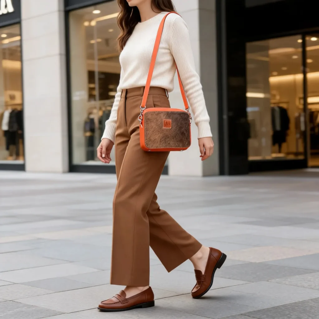 Leather cowhide crossbody bag box style purse for women in black brown and orange with adjustable strap large compartment and inside pocket