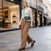 Turquoise cowhide crossbody bag box style purse with brown and white cowhide body, leather finish, long adjustable strap and structured design