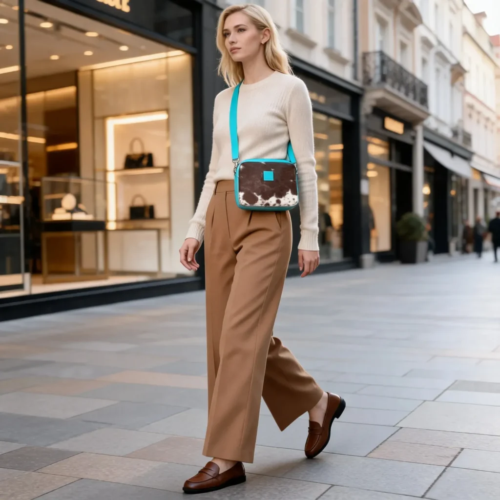 Turquoise cowhide crossbody bag box style purse with brown and white cowhide body, leather finish, long adjustable strap and structured design