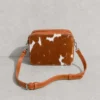 Tan cowhide crossbody bag box style purse for women, leather finish, adjustable strap, large compartment, inside pocket, structured design