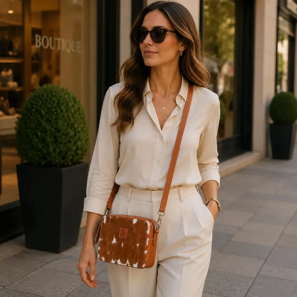 Tan cowhide crossbody bag box style purse for women, leather finish, adjustable strap, large compartment, inside pocket, structured design