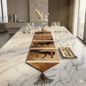 Handmade cowhide table runner with horse design in black and brown, perfect for small to large dining tables, protective synthetic leather backing