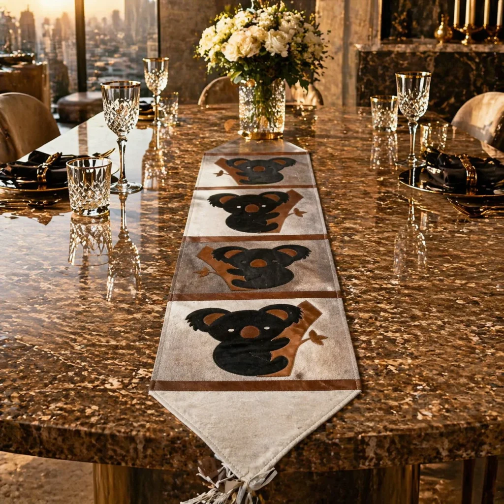 Handmade black cowhide table runner with koala design, synthetic leather backing for spill protection, ideal for small to large dining tables