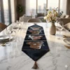 Handmade black cowhide table runner with koala design, synthetic leather backing for spill protection, ideal for small to large dining tables
