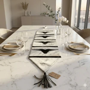 Handmade black and white cowhide table runner with bull head and long horn design, protective synthetic leather backing, ideal for small to large dining tables