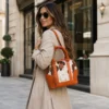 Large orange and green genuine cowhide leather tote bag for women with classic design