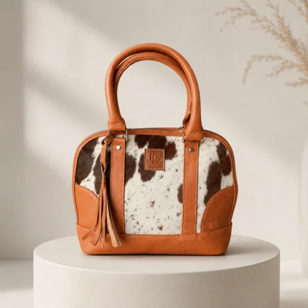 Large orange and green genuine cowhide leather tote bag for women with classic design