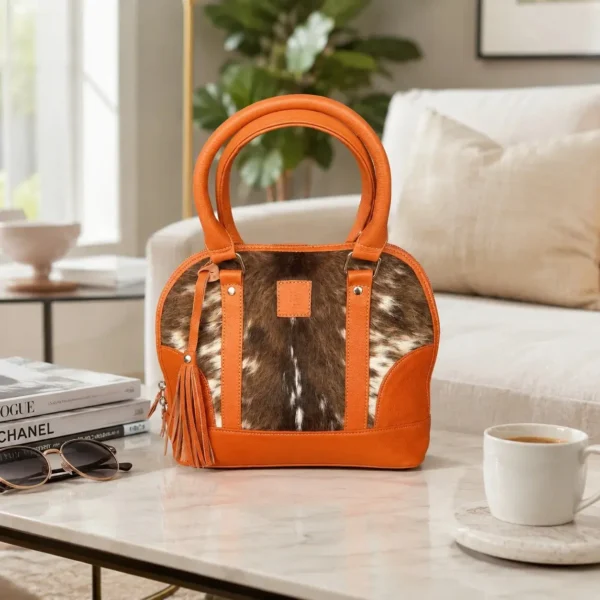 Large orange cowhide tote bag for women made from genuine leather