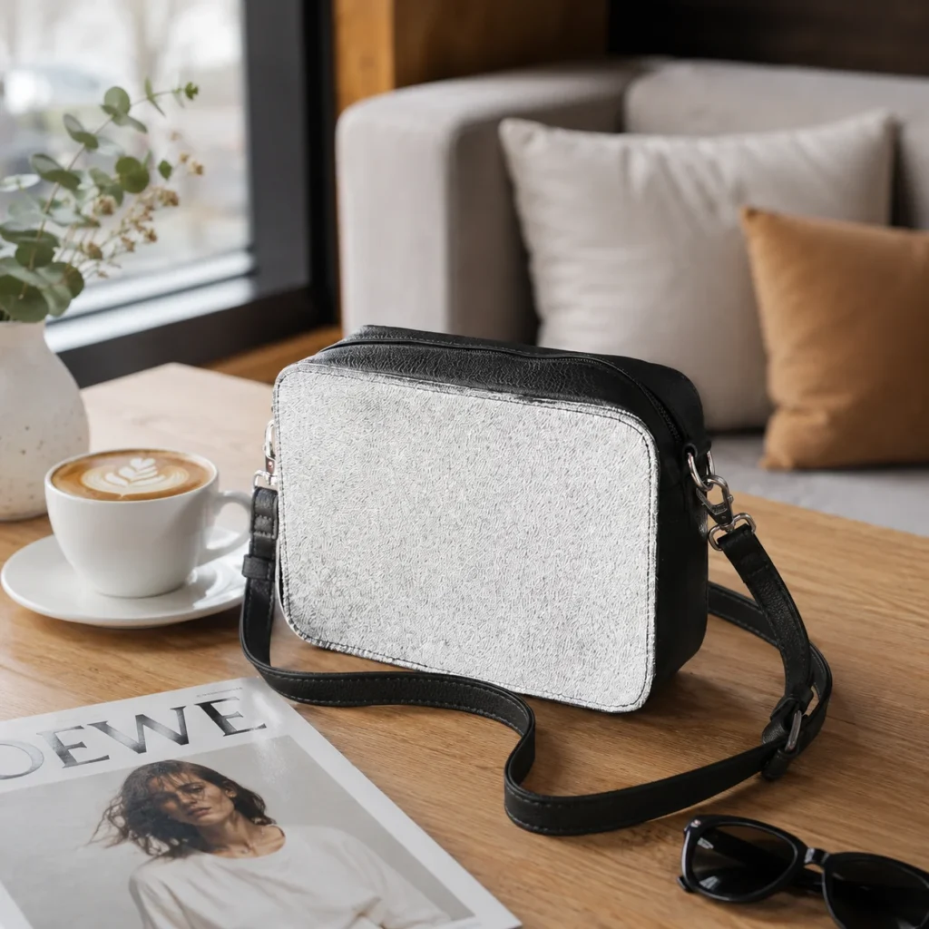 Black cowhide crossbody bag with box style shape, cow finish leather, long strap, large compartment and inside pocket