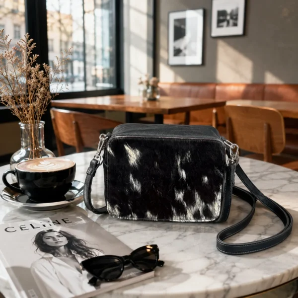 Black cowhide crossbody bag with box style shape, cow finish leather, long strap, large compartment and inside pocket