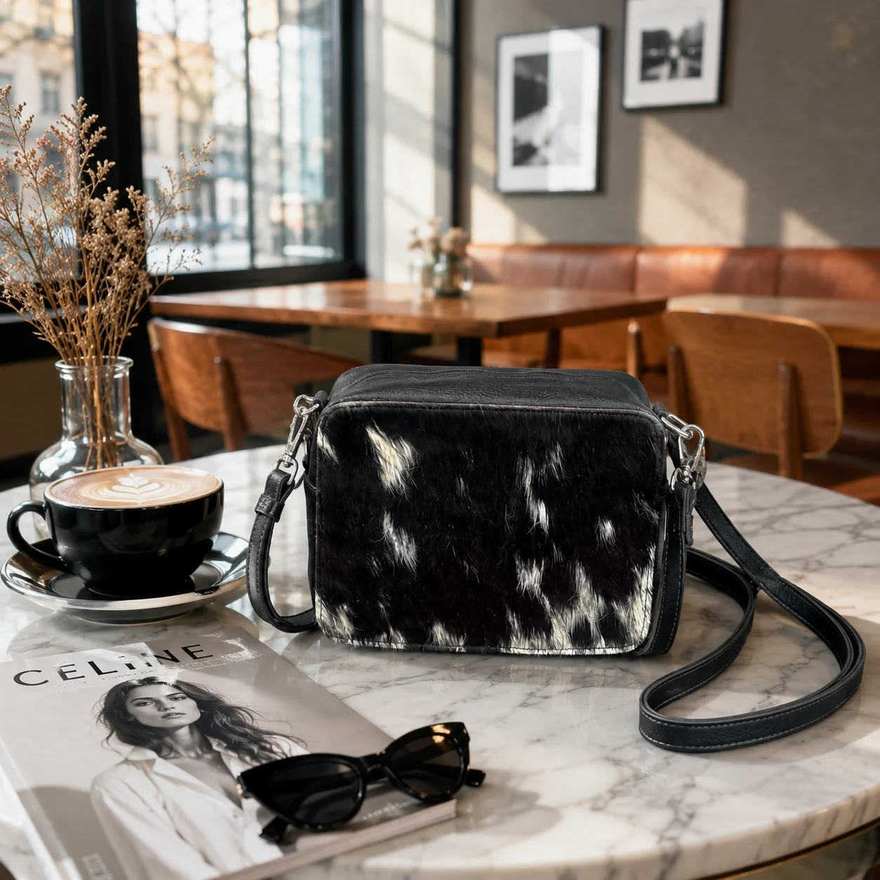 Black cowhide crossbody bag with box style shape, cow finish leather, long strap, large compartment and inside pocket