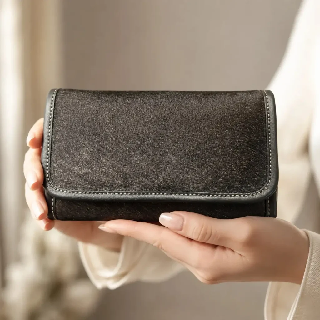 Black Cowhide Flip Wallet for Women with Card Holders