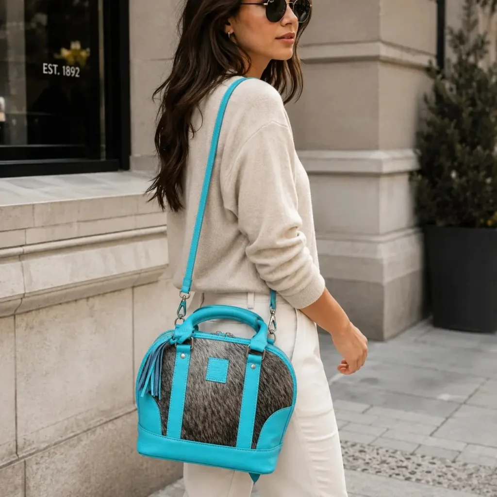 Turquoise cowhide tote bag for women with leather shoulder strap and multiple pockets