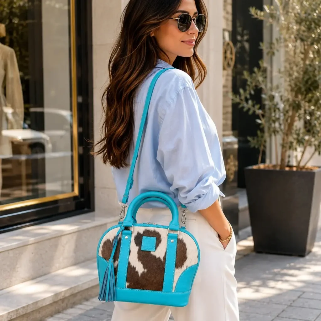 Turquoise Cowhide Tote Bag for Women – Handcrafted Leather & Multi-Pocket Design