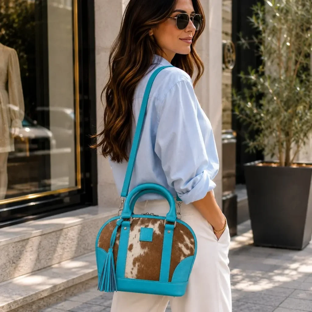 Turquoise Cowhide Tote Bag for Women with Multiple Pockets & Leather Strap