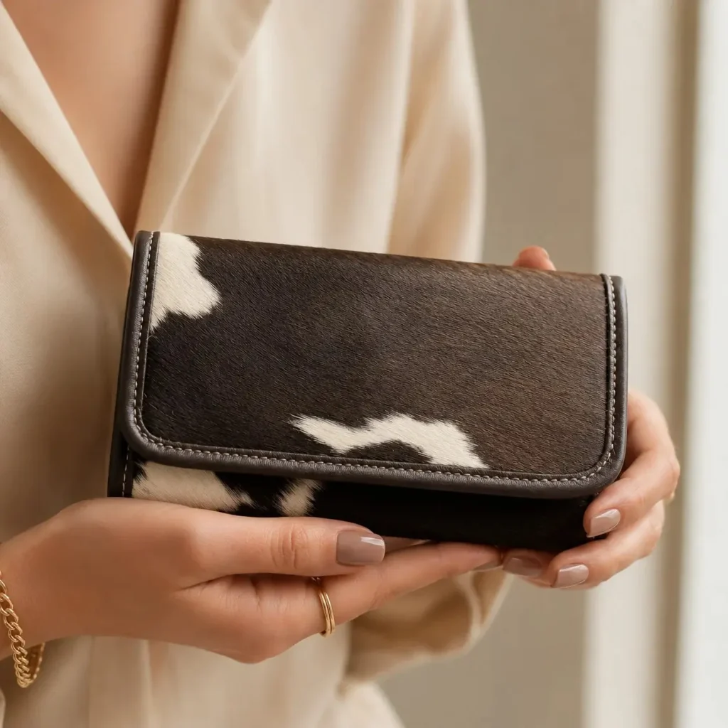 Dark brown black and white cowhide women flip hand wallet with magnetic cover, card holders and zipper compartments