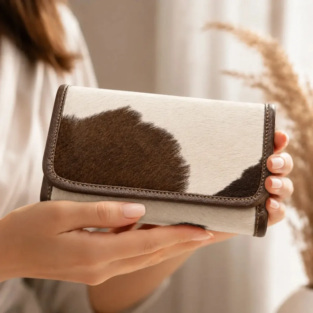 Brown and white cowhide flip wallet for women with magnetic cover and card compartments