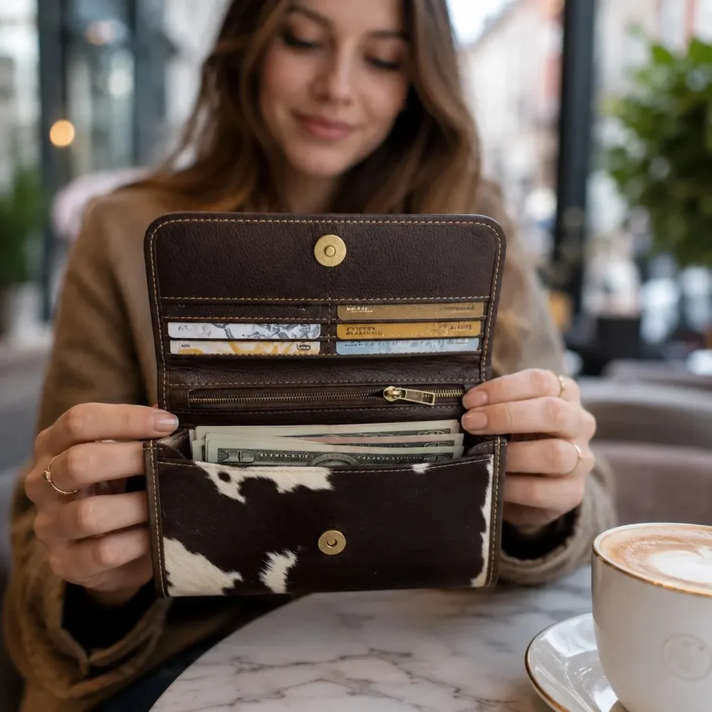 Dark brown black and white cowhide women flip hand wallet with magnetic cover, card holders and zipper compartments