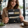 Black cowhide women flip hand wallet with magnetic cover, card holders and zipper compartments